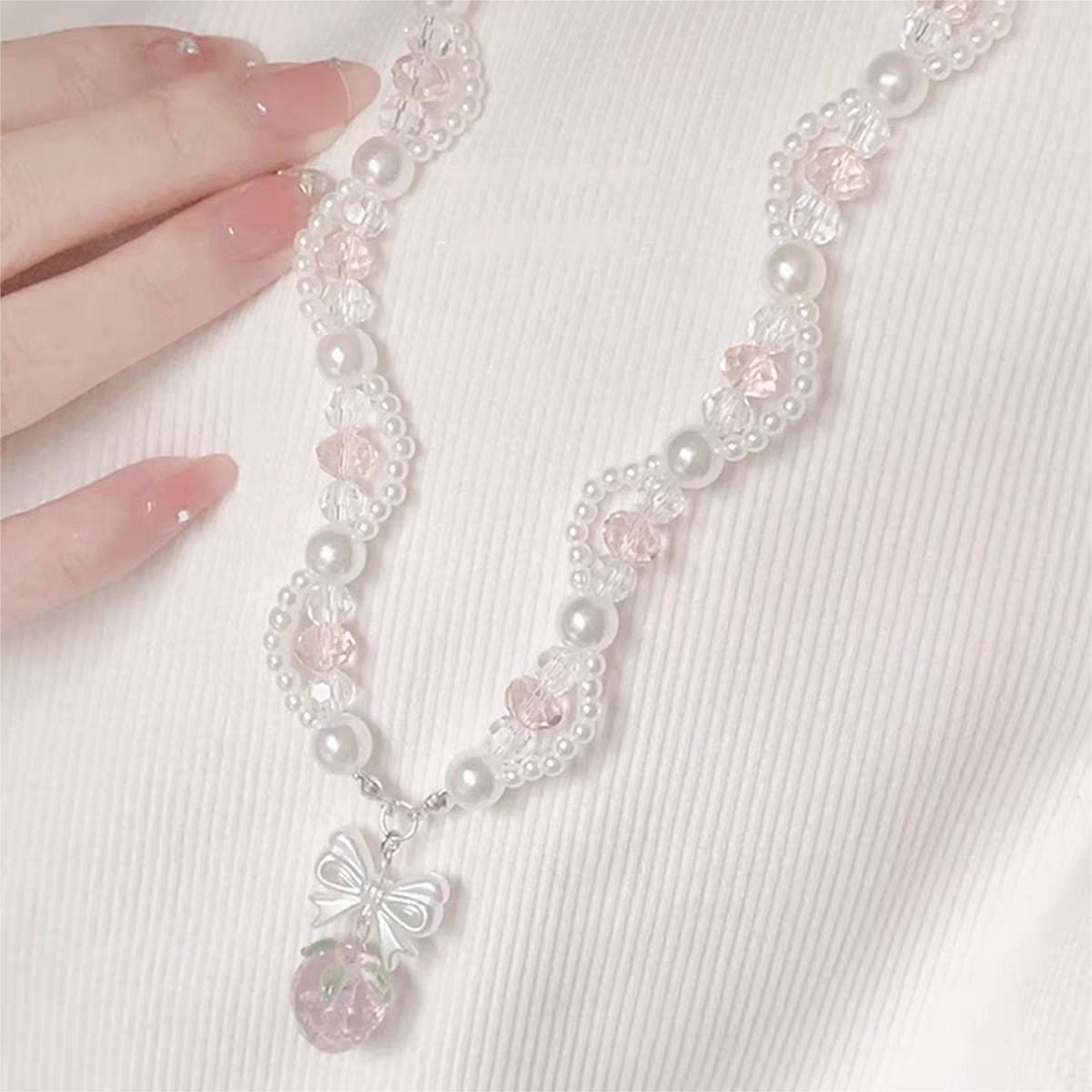 Handmade Pink Crystal Strawberry Pendant Pearl Chain Choker Necklace