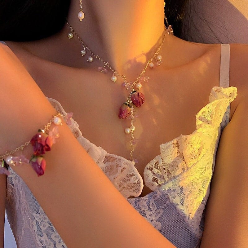 Handmade Real Dried Rosebud Crystal Floral Pearl Tassel Necklace Dangle Earrings Bracelet Set
