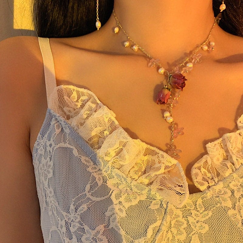 Handmade Real Dried Rosebud Crystal Floral Pearl Tassel Necklace Dangle Earrings Bracelet Set