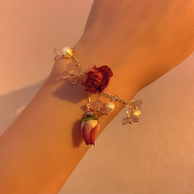 Handmade Real Dried Rosebud Crystal Floral Pearl Tassel Necklace Dangle Earrings Bracelet Set