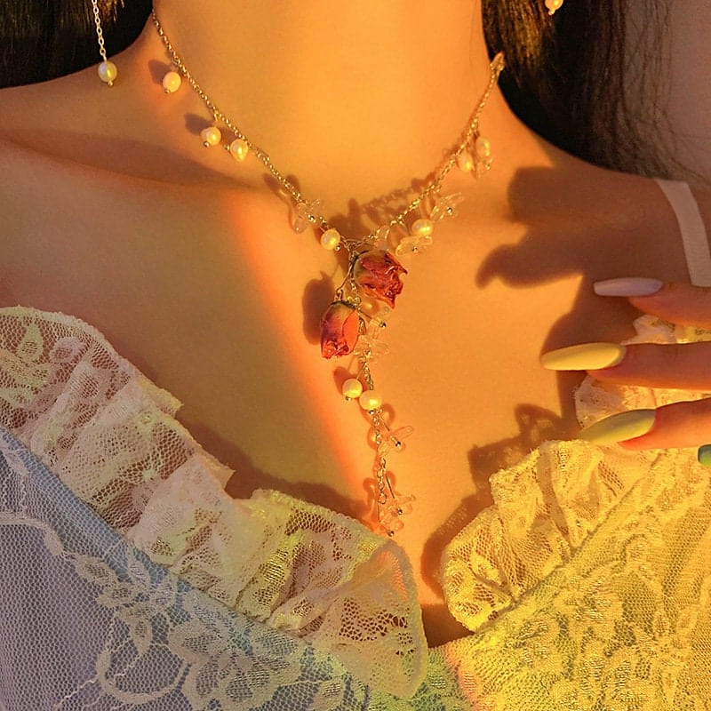 Handmade Real Dried Rosebud Crystal Floral Pearl Tassel Necklace Dangle Earrings Bracelet Set