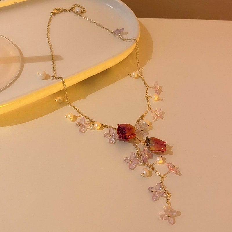 Handmade Real Dried Rosebud Crystal Floral Pearl Tassel Necklace Dangle Earrings Bracelet Set