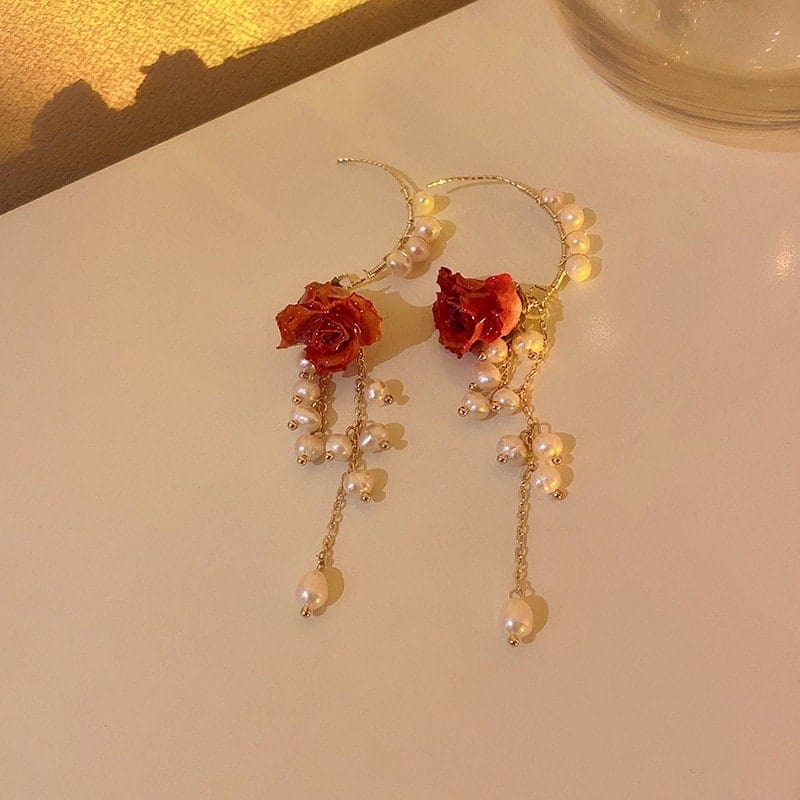 Handmade Real Dried Rosebud Crystal Floral Pearl Tassel Necklace Dangle Earrings Bracelet Set