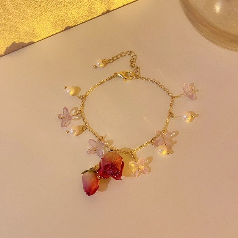 Handmade Real Dried Rosebud Crystal Floral Pearl Tassel Necklace Dangle Earrings Bracelet Set